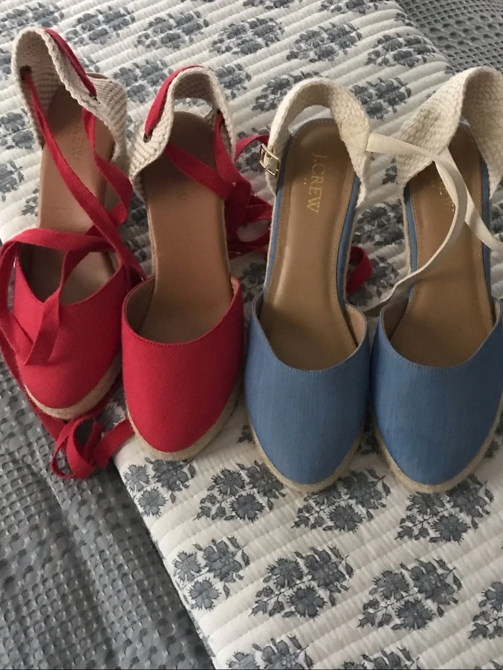 J. Crew Red and Blue Canvas Espadrille Wedge Sandals